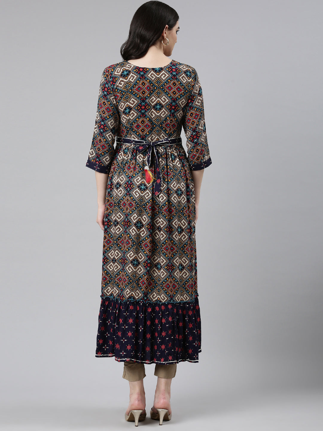 Neerus Blue Rayon Printed Straight Dress - side view