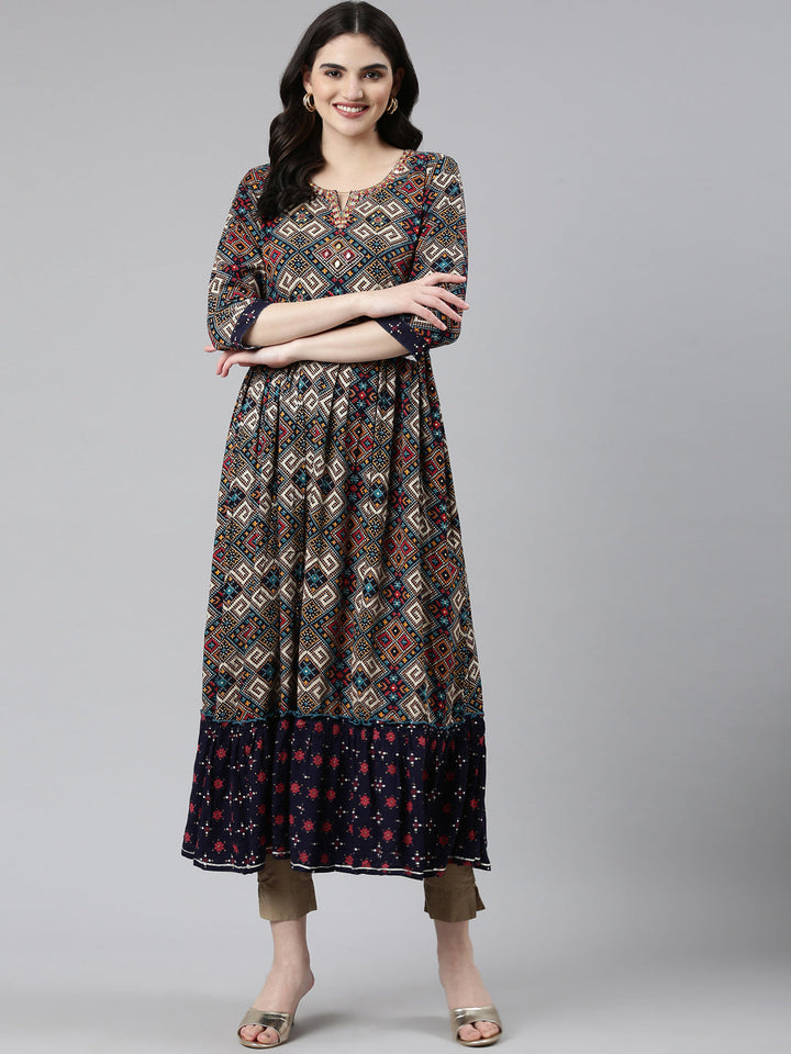 Neerus Blue Rayon Printed Straight Dress - detail view 2