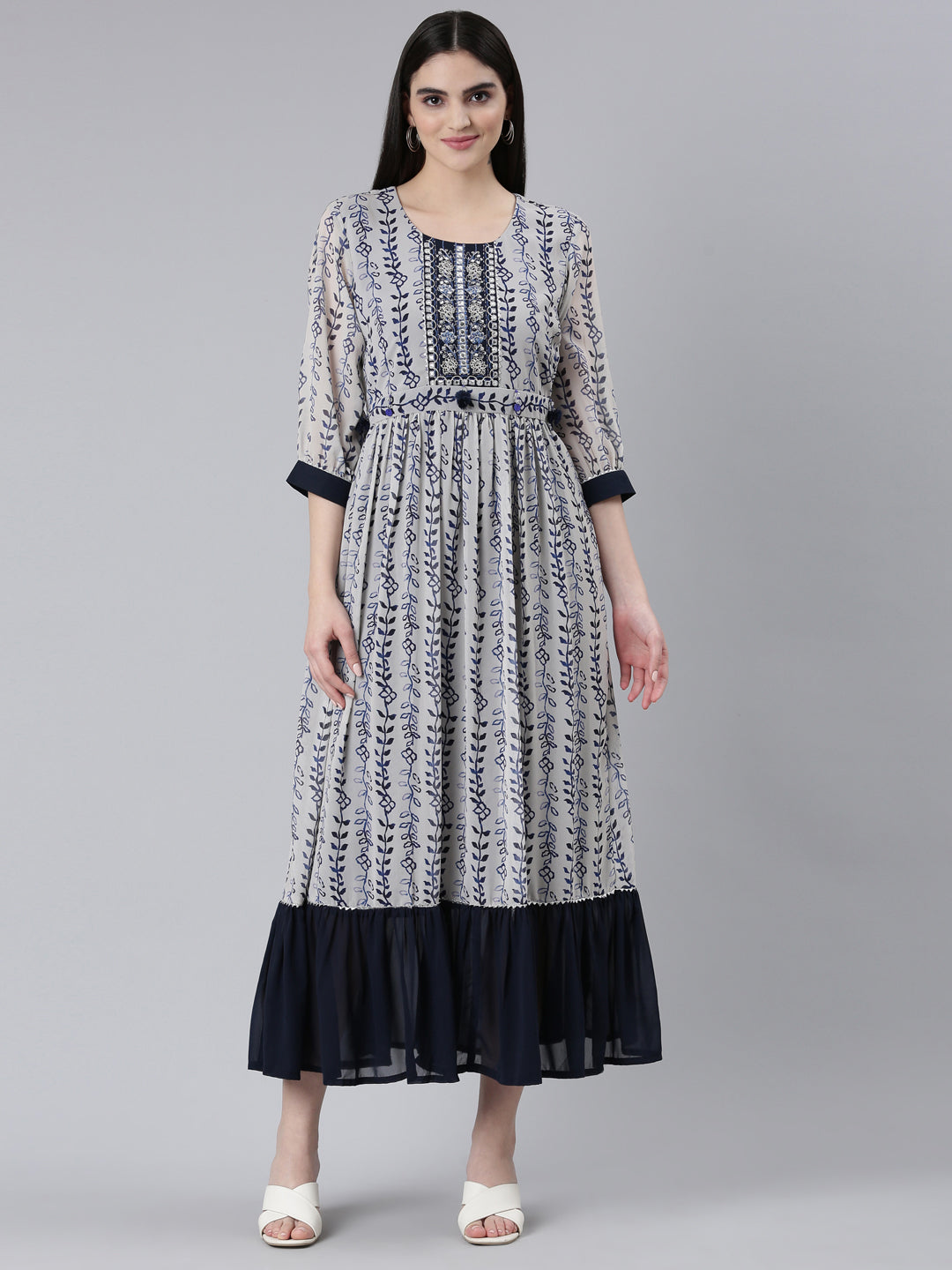 Neerus Beige muslin printed straight dress - front view