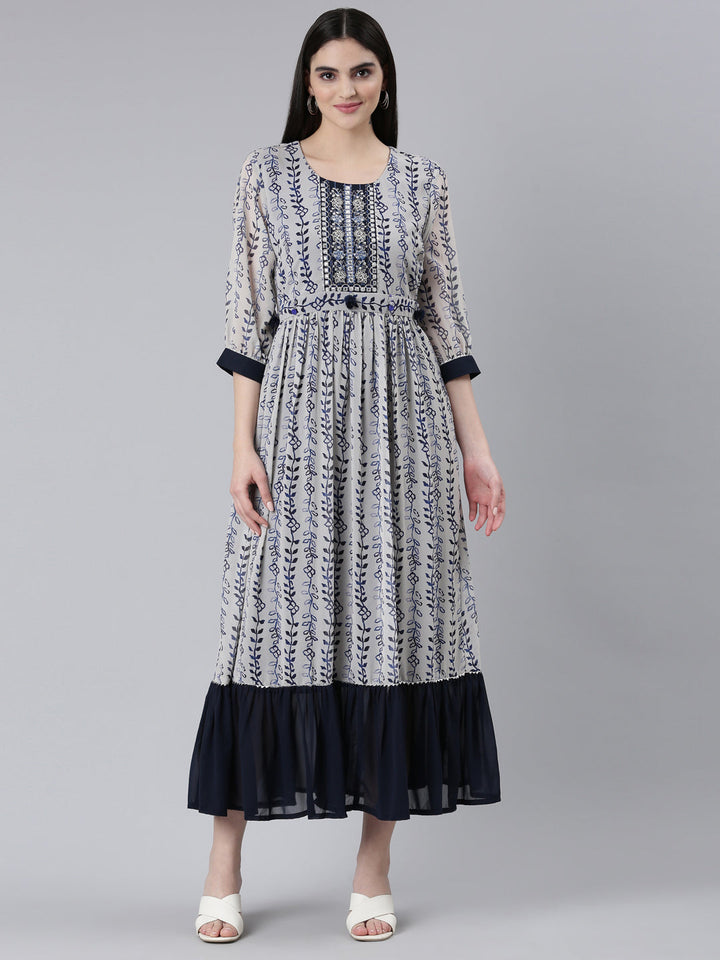 Neerus Beige muslin printed straight dress - front view