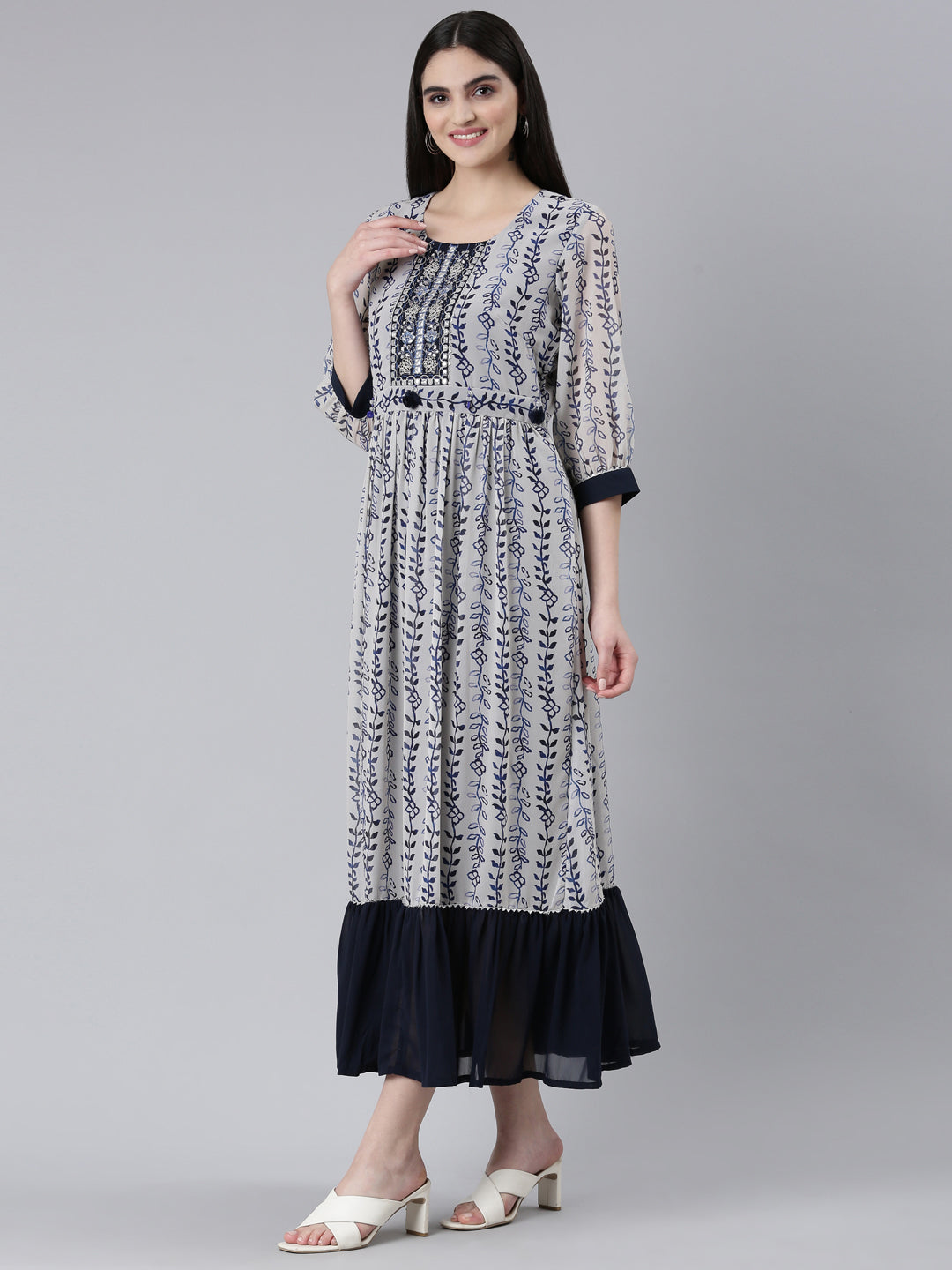 Neerus Beige muslin printed straight dress - back view
