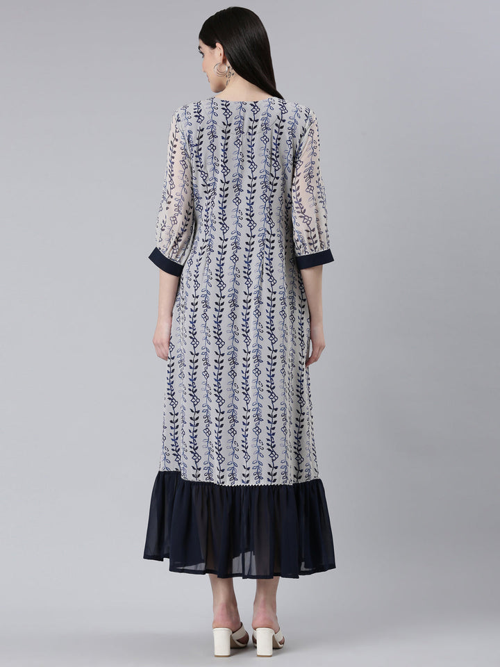 Neerus Beige muslin printed straight dress - side view