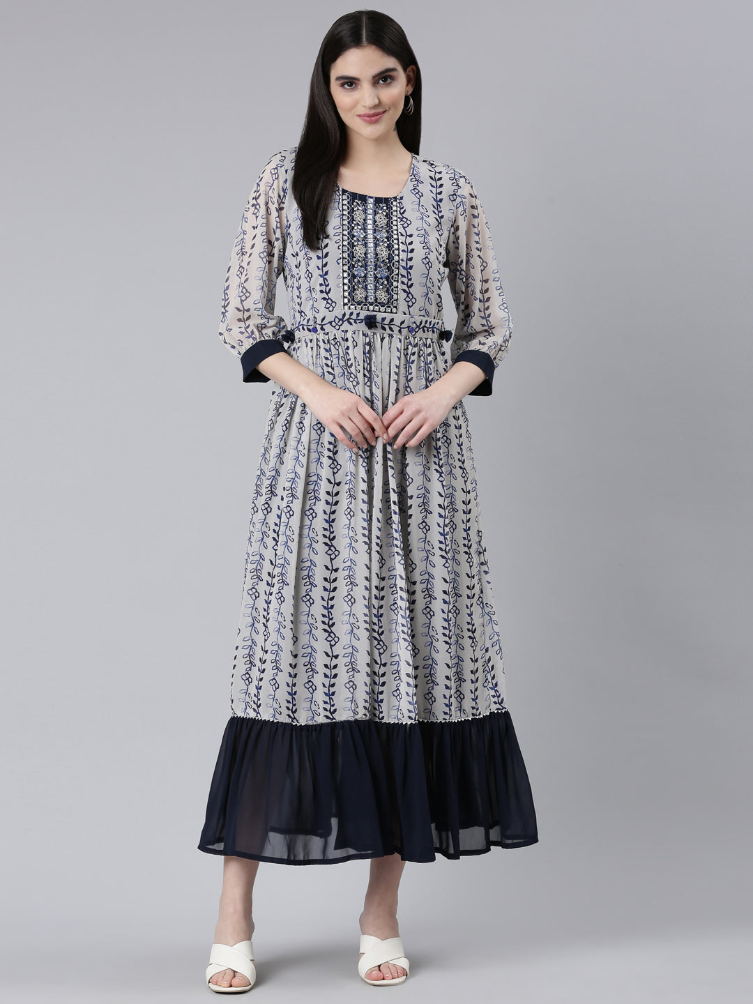 Neerus Beige muslin printed straight dress - detail view 2