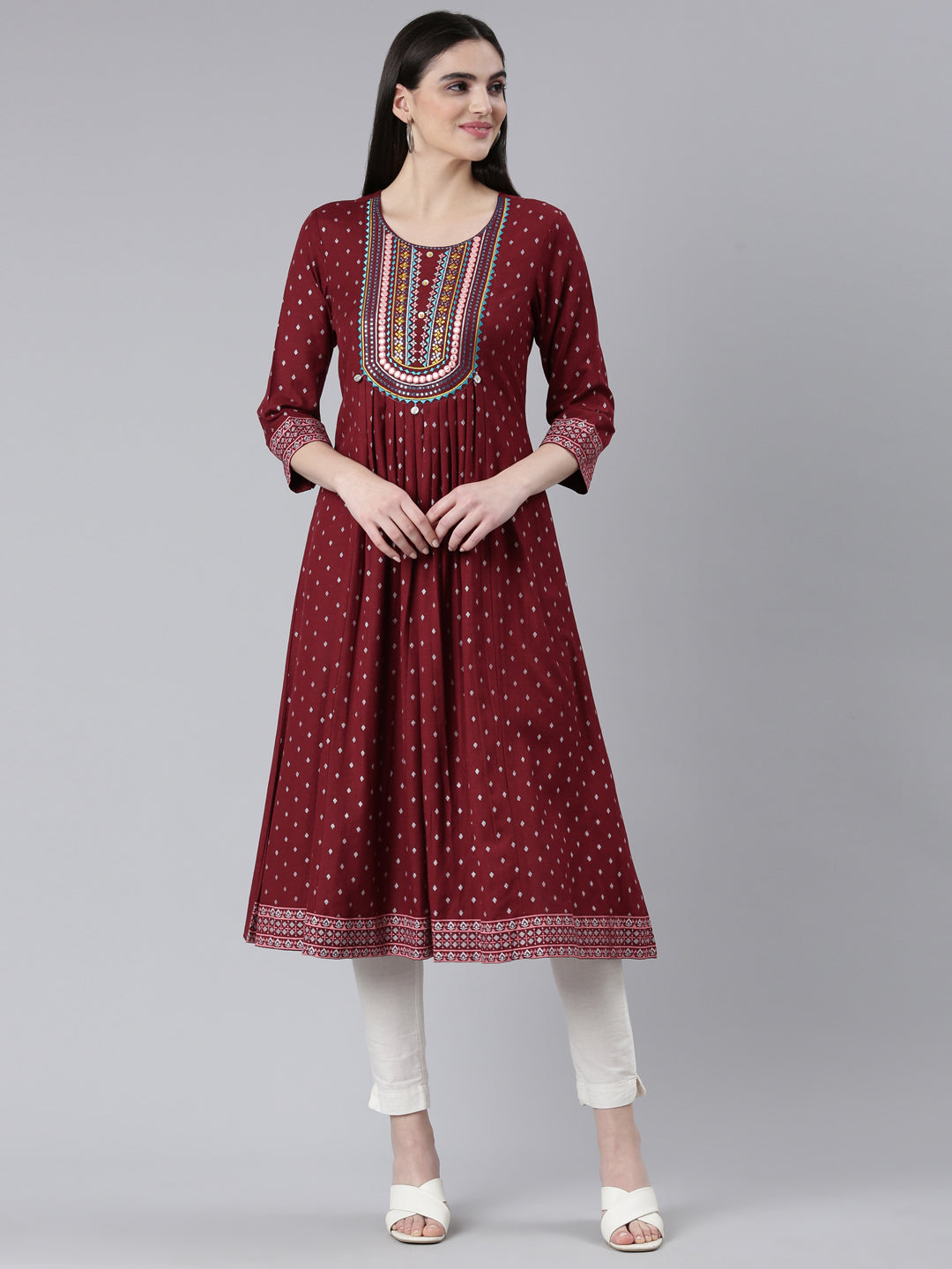 Neerus Maroon viscose rayon printed straight kurti - front view