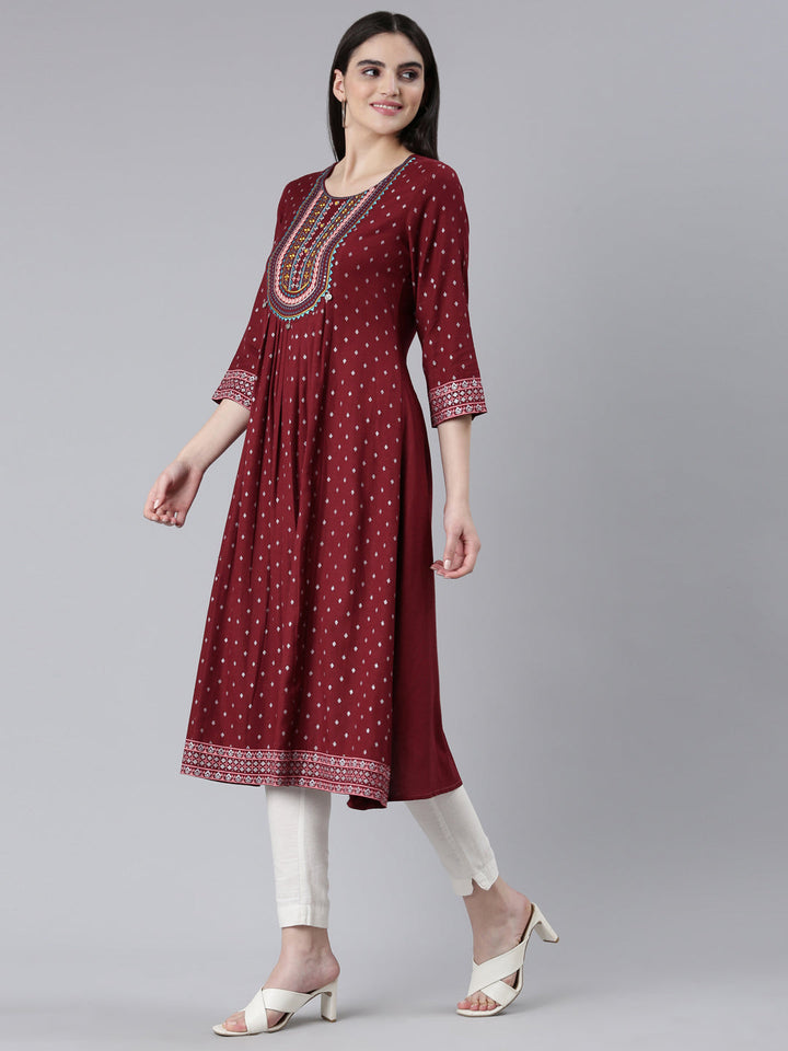 Neerus Maroon viscose rayon printed straight kurti - back view