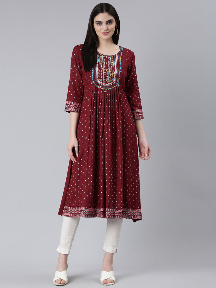 Neerus Maroon viscose rayon printed straight kurti - detail view 2