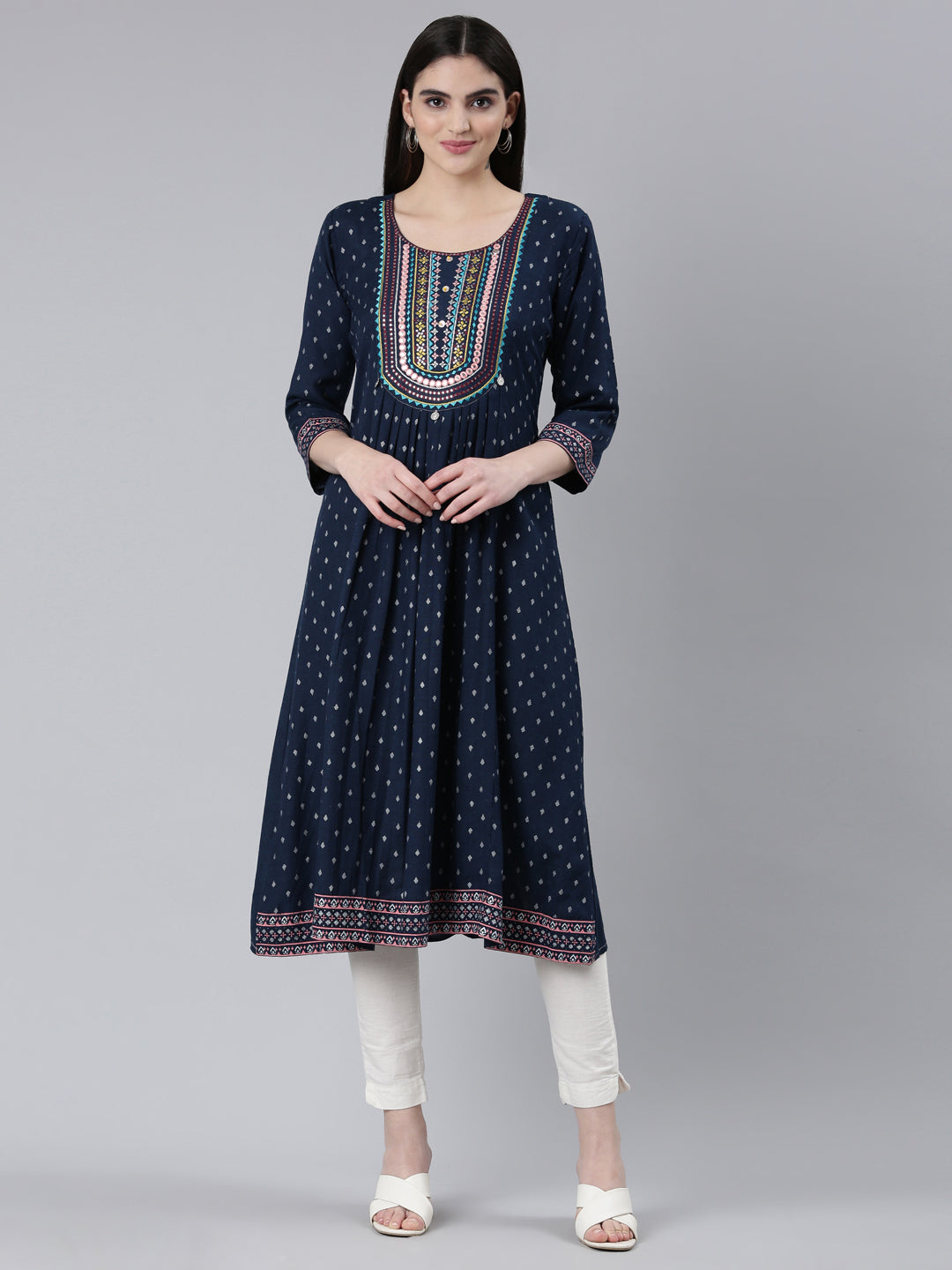 Neerus Blue Viscose Rayon Printed Kurti - front view