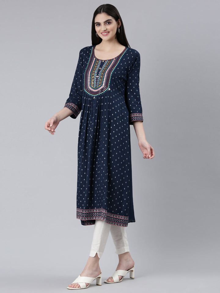 Neerus Blue Viscose Rayon Printed Kurti - back view