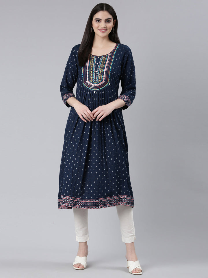 Neerus Blue Viscose Rayon Printed Kurti - detail view 2