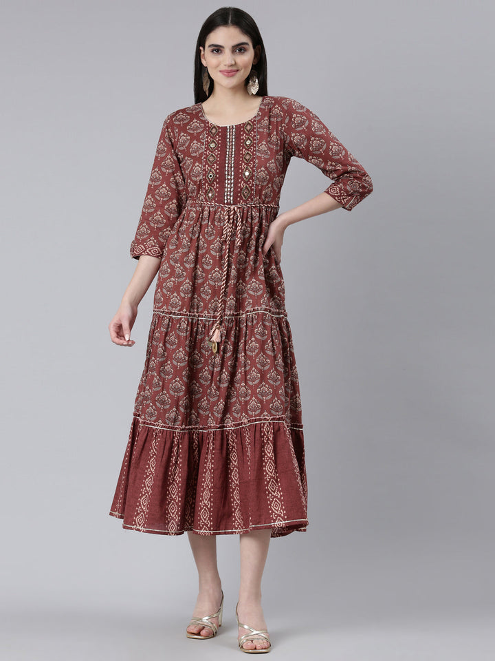 Neerus Brown rayon printed straight gown - front view