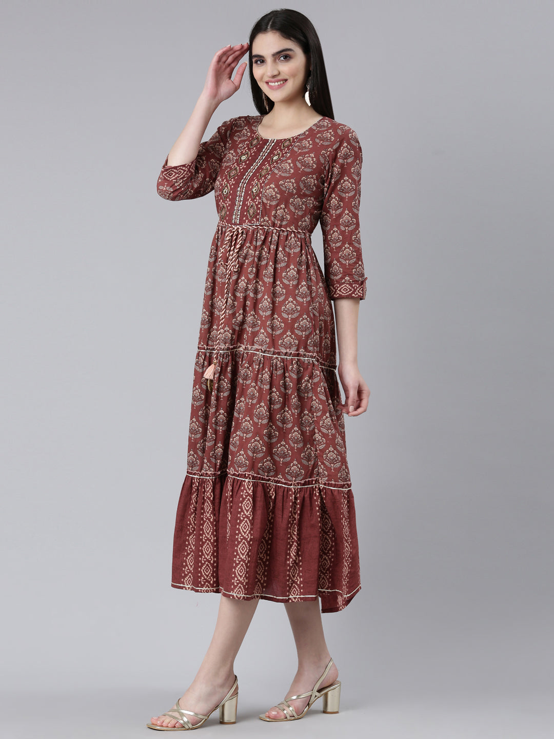 Neerus Brown rayon printed straight gown - back view