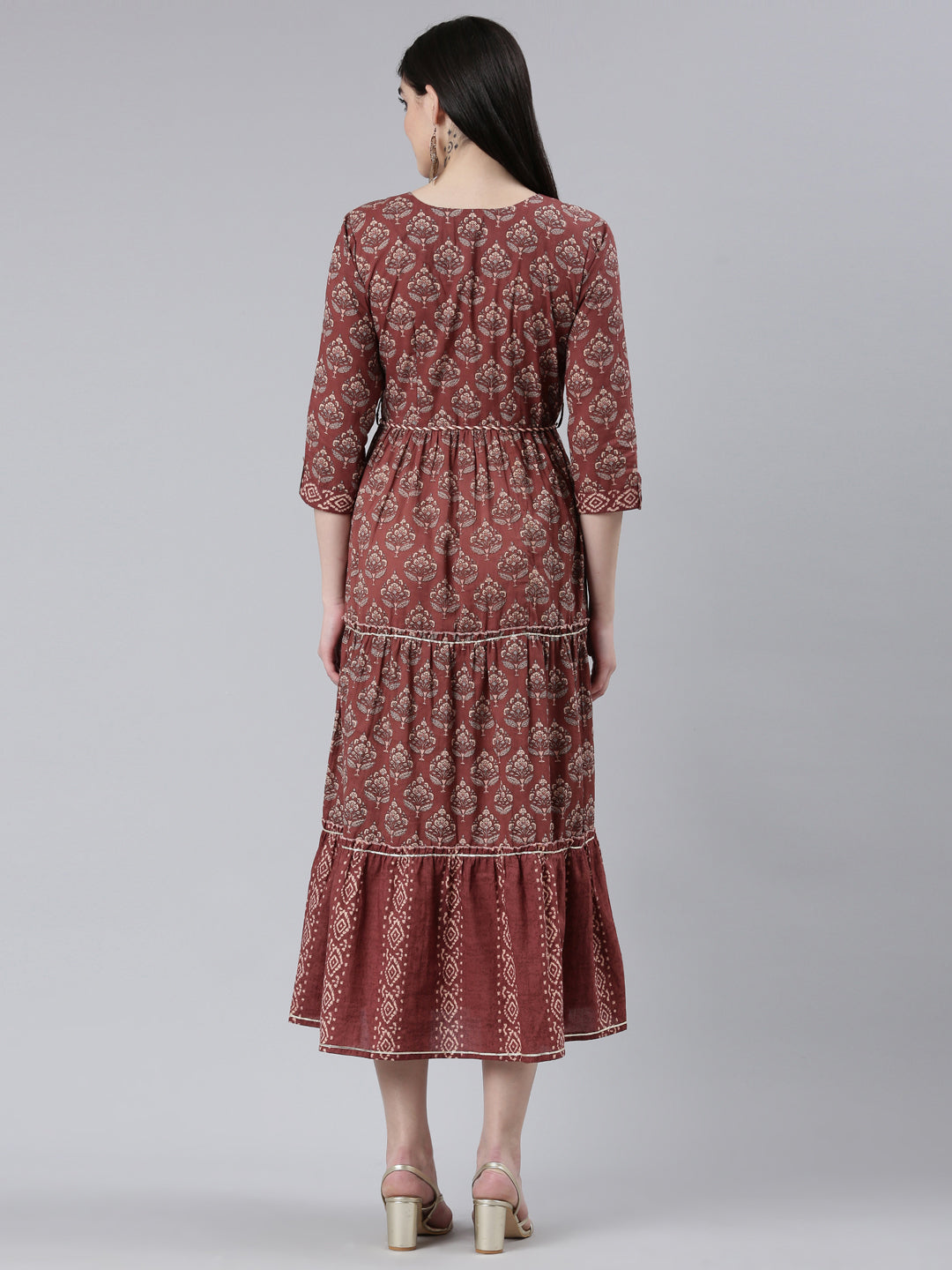 Neerus Brown rayon printed straight gown - side view