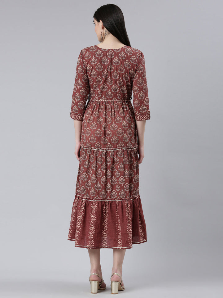 Neerus Brown rayon printed straight gown - side view