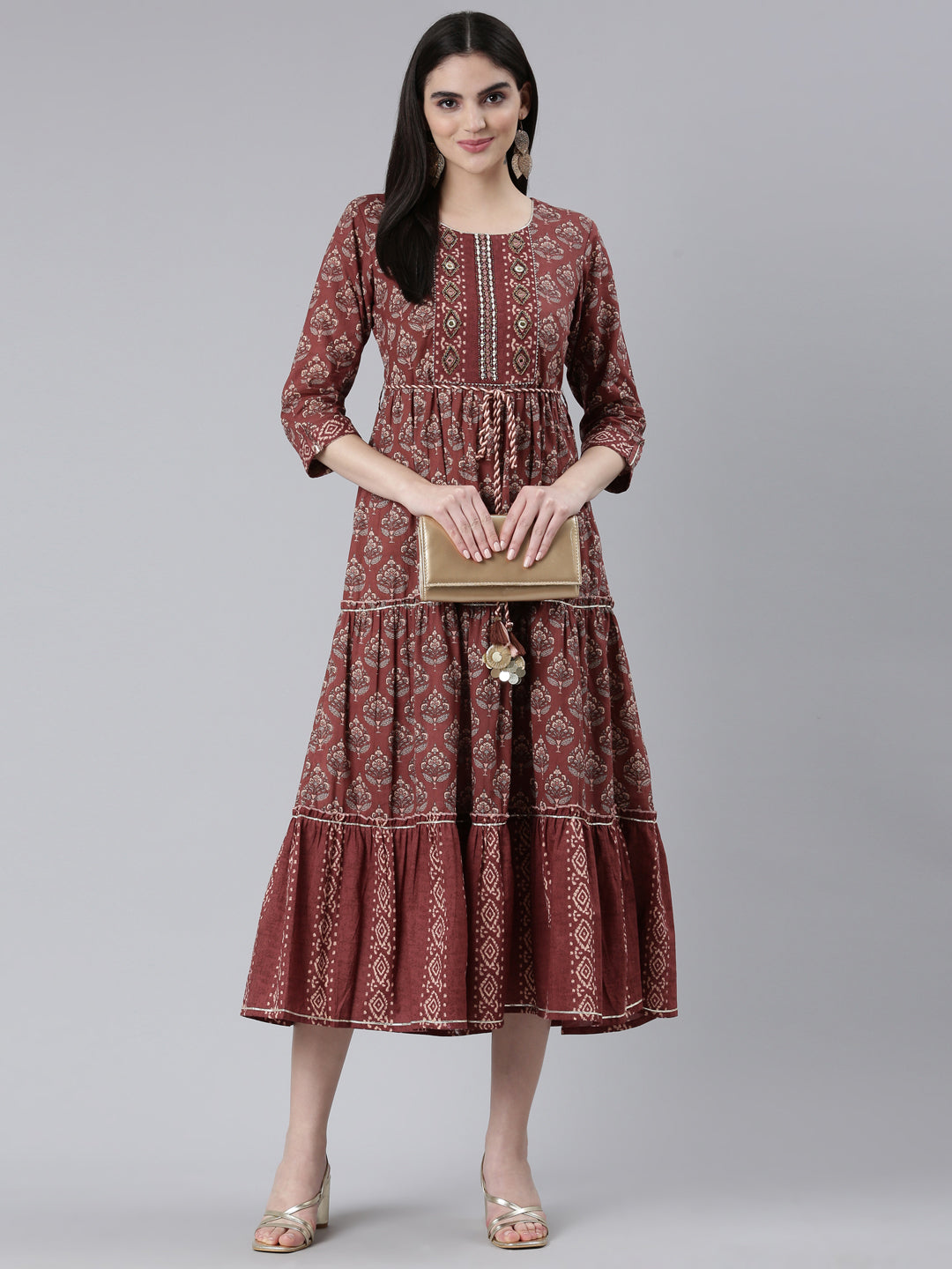 Neerus Brown rayon printed straight gown - detail view 2