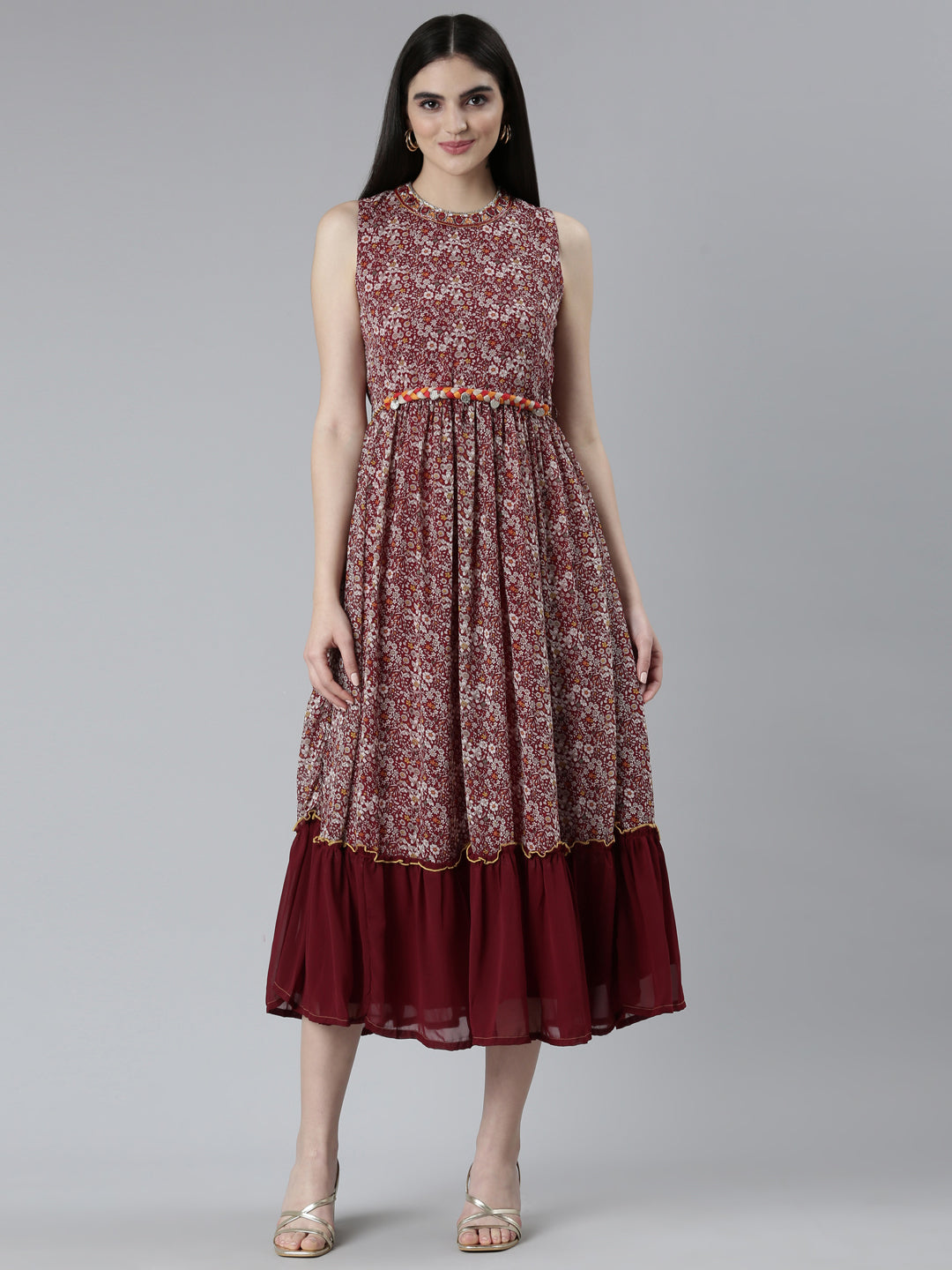 Neerus Maroon georgette printed straight dress - front view