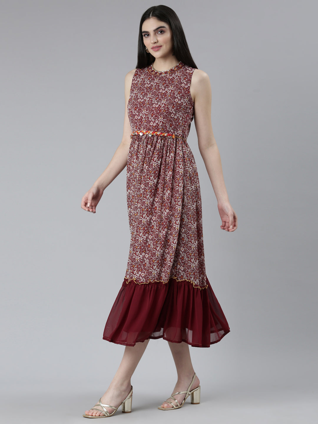 Neerus Maroon georgette printed straight dress - back view