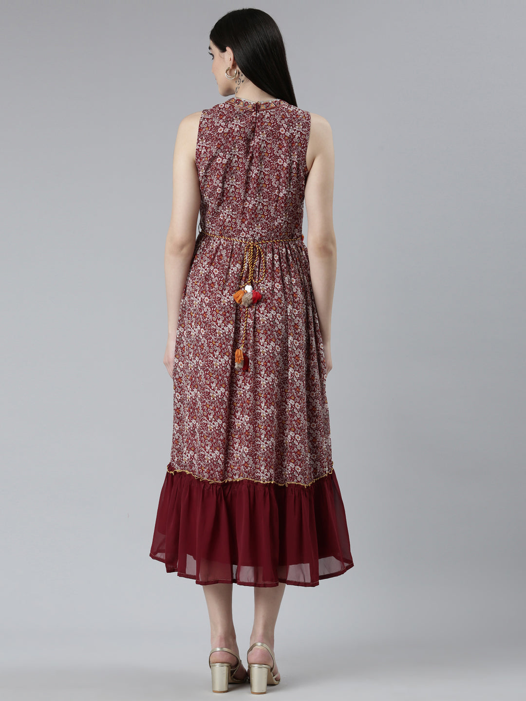 Neerus Maroon georgette printed straight dress - side view