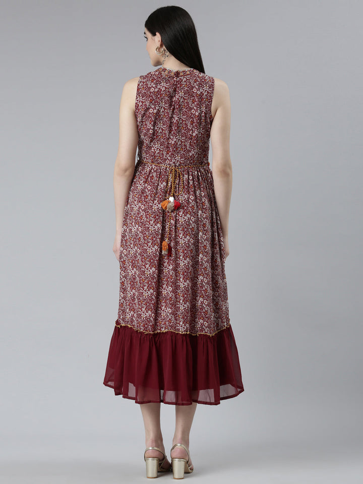 Neerus Maroon georgette printed straight dress - side view