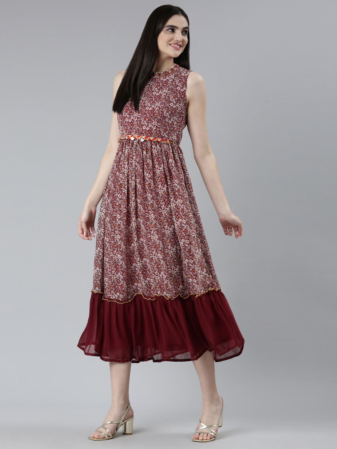 Neerus Maroon georgette printed straight dress - detail view 2