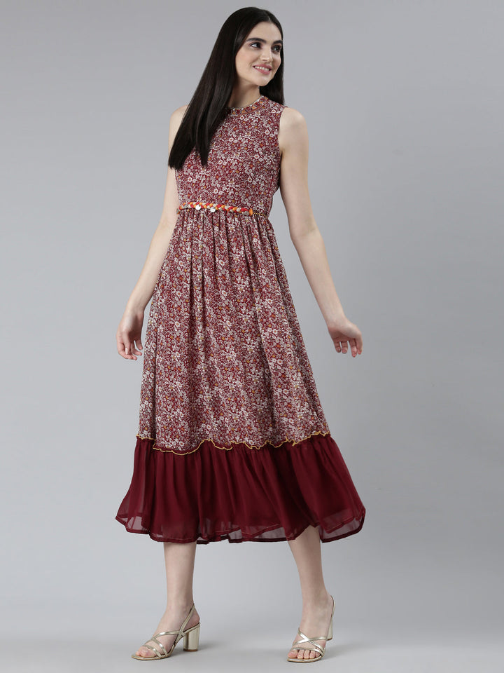 Neerus Maroon georgette printed straight dress - detail view 2