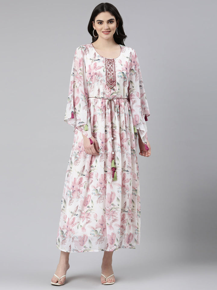 Neerus Pink Straight Casual Printed Dress