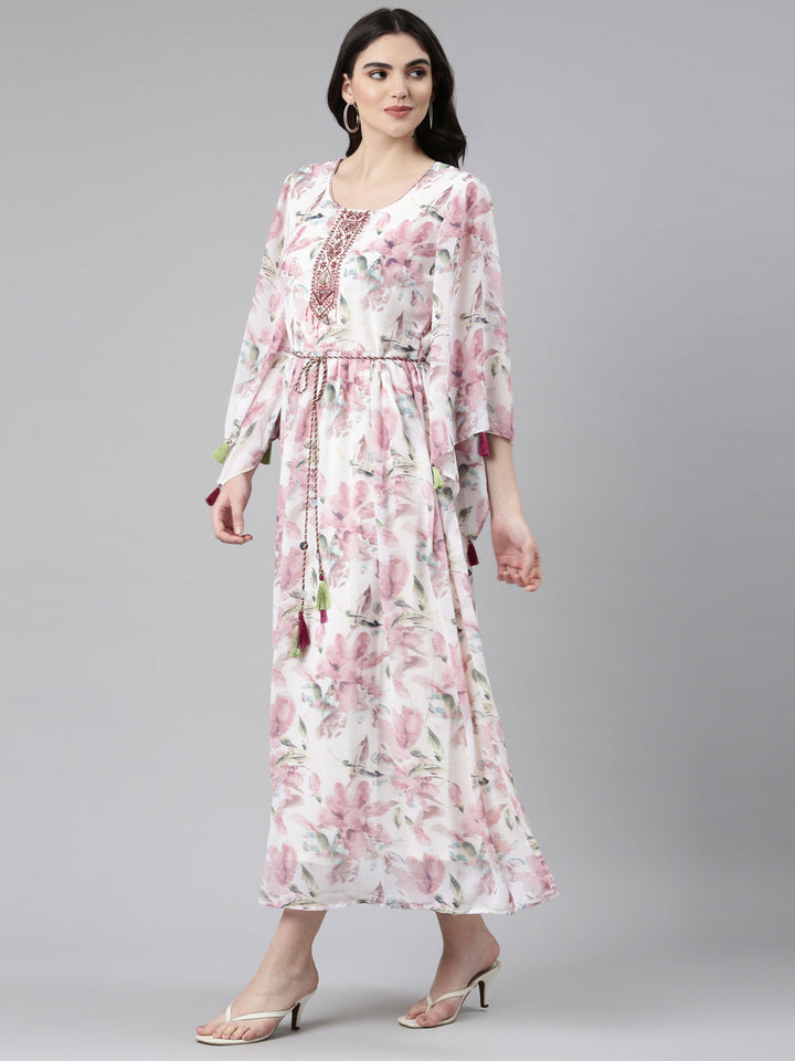 Neerus Pink Straight Casual Printed Dress