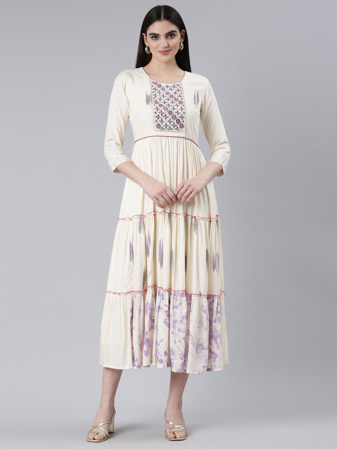 Neerus White slub cotton printed straight dress - front view