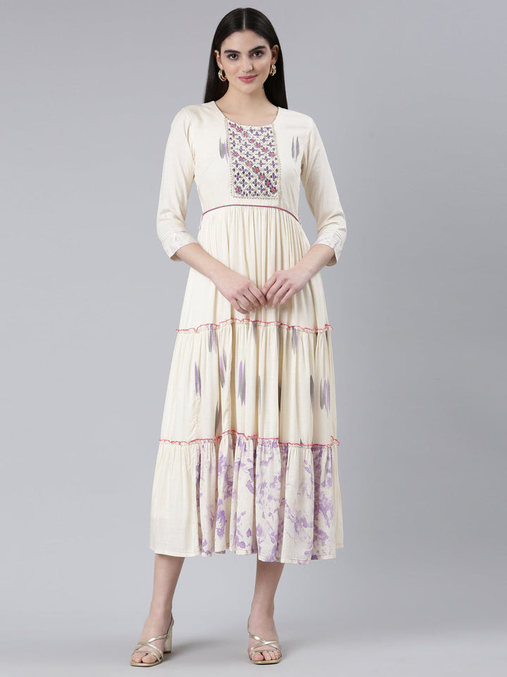 Neerus White slub cotton printed straight dress - front view