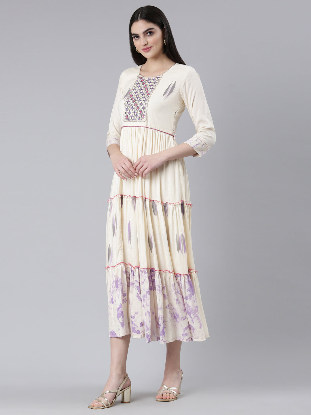Neerus White slub cotton printed straight dress - back view