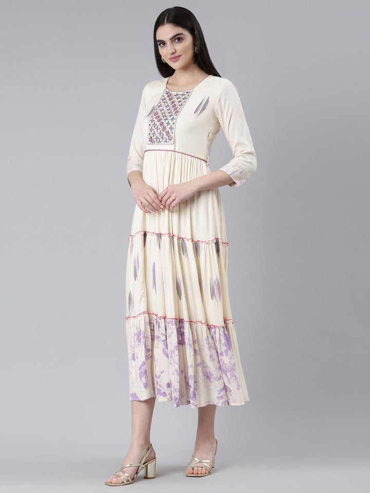 Neerus White slub cotton printed straight dress - back view