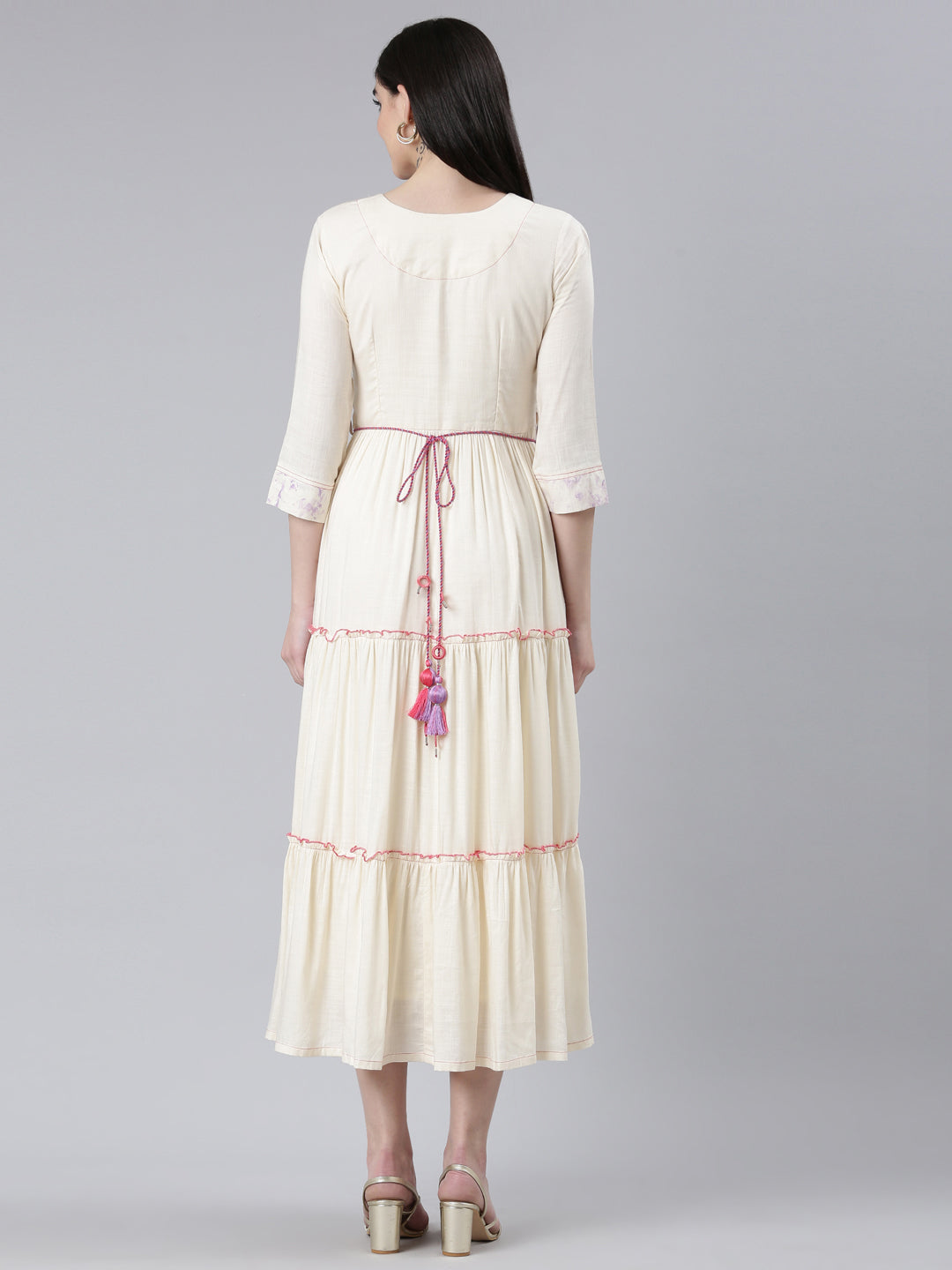 Neerus White slub cotton printed straight dress - side view