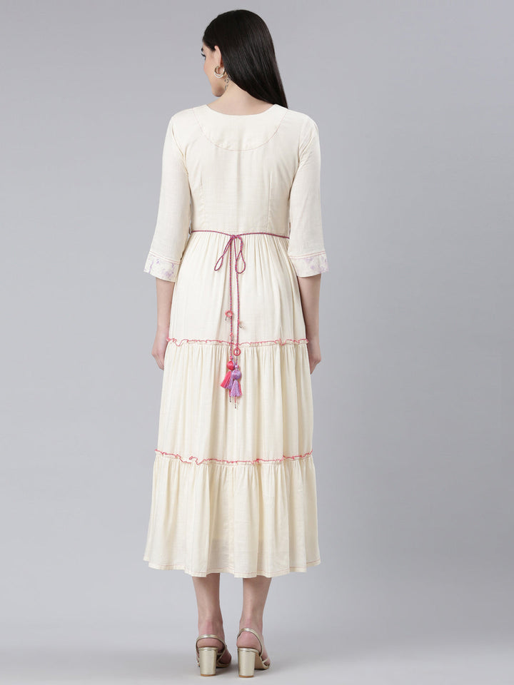 Neerus White slub cotton printed straight dress - side view