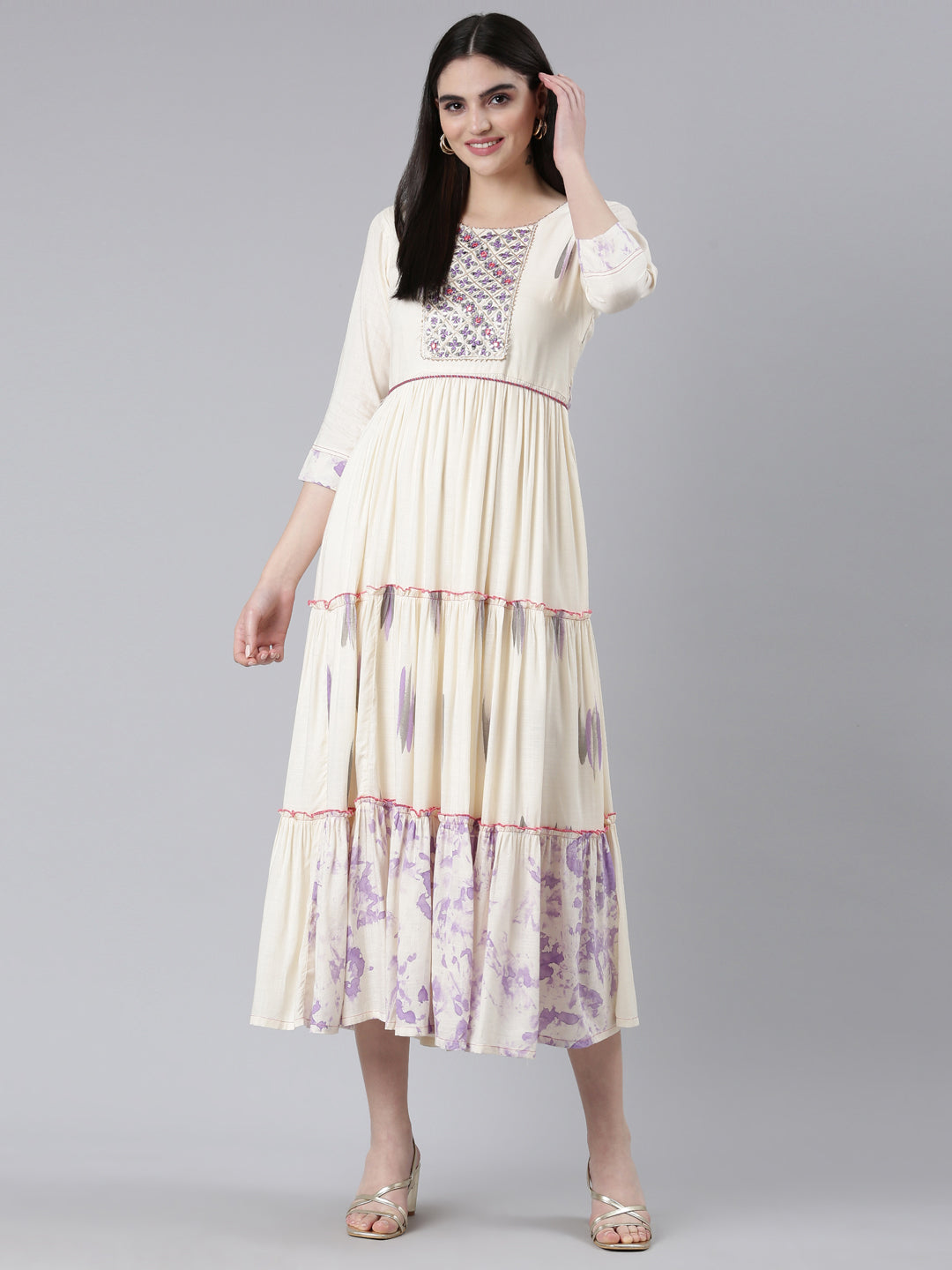 Neerus White slub cotton printed straight dress - detail view 2