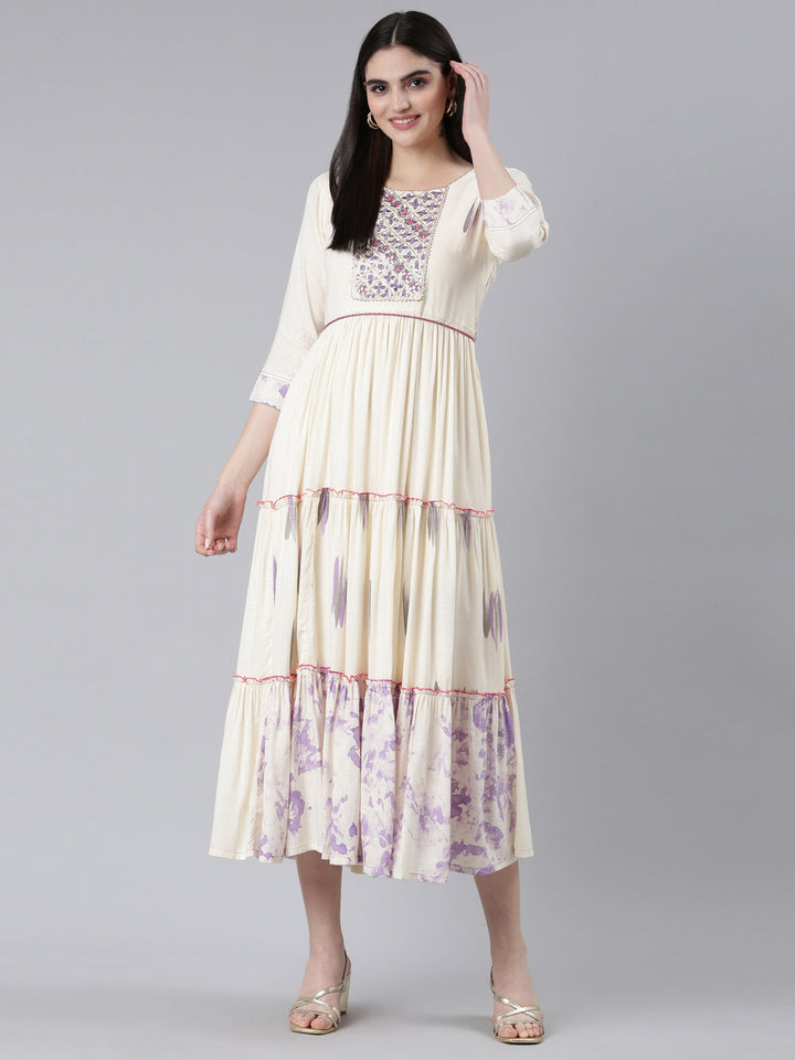 Neerus White slub cotton printed straight dress - detail view 2