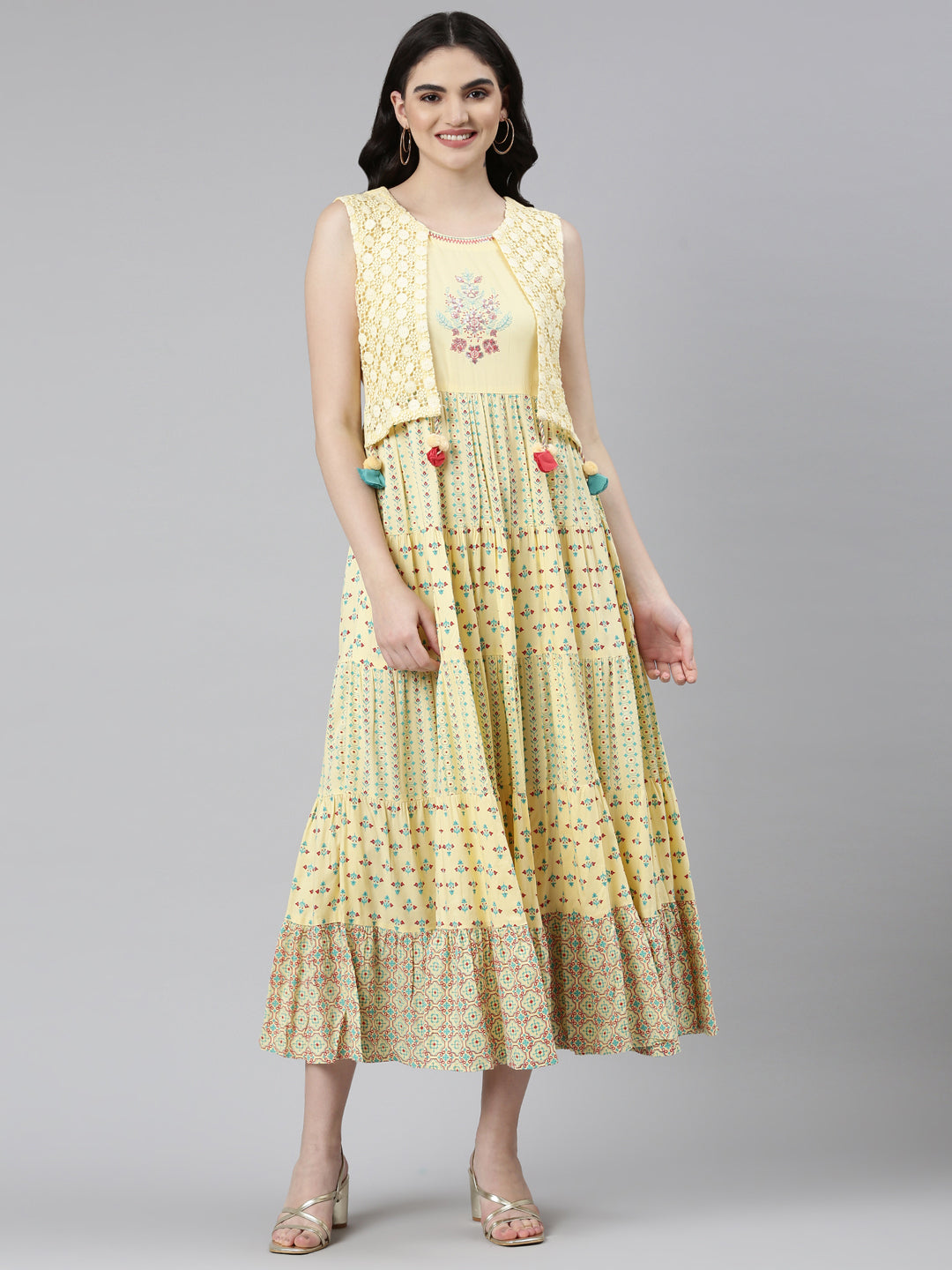 Neerus Yellow rayon solid anarkali kurta - front view