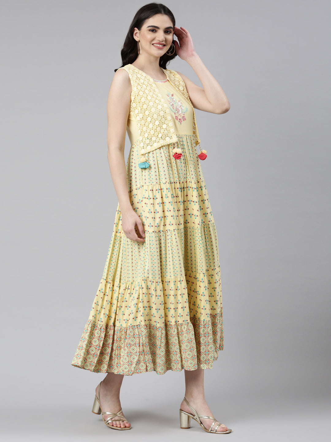 Neerus Yellow rayon solid anarkali kurta - back view