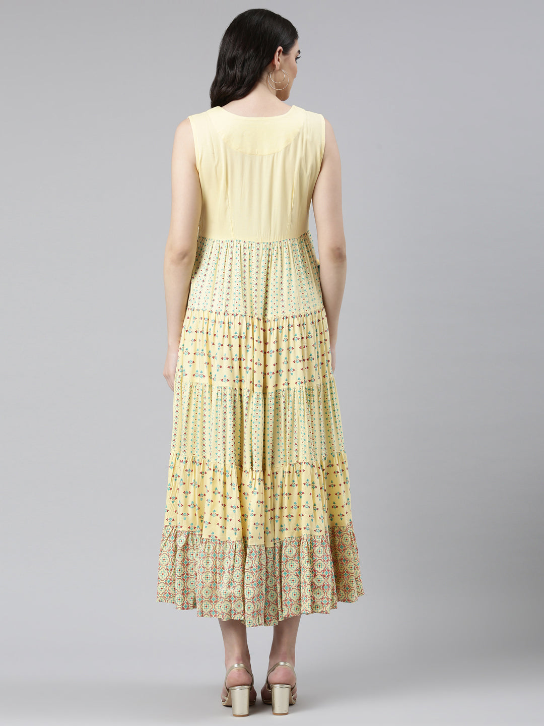 Neerus Yellow rayon solid anarkali kurta - side view