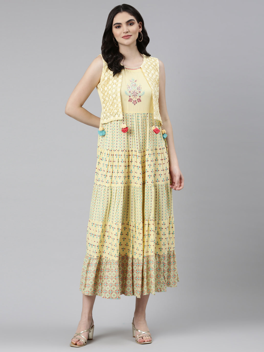Neerus Yellow rayon solid anarkali kurta - detail view 2