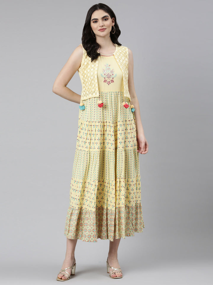 Neerus Yellow rayon solid anarkali kurta - detail view 2