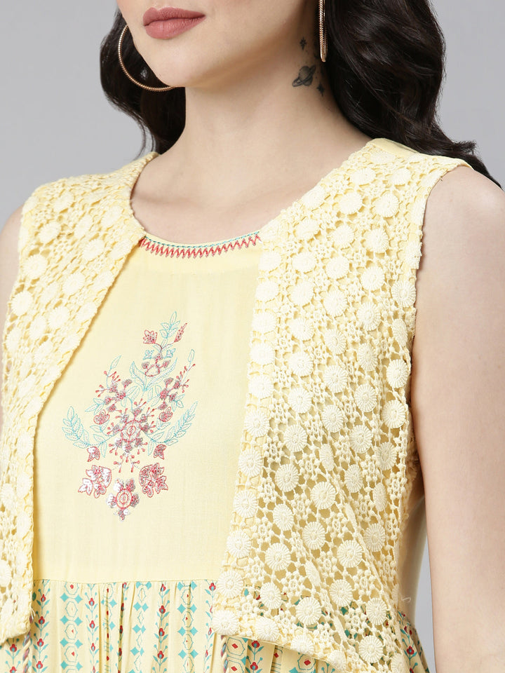 Neerus Yellow rayon solid anarkali kurta - detail view 1