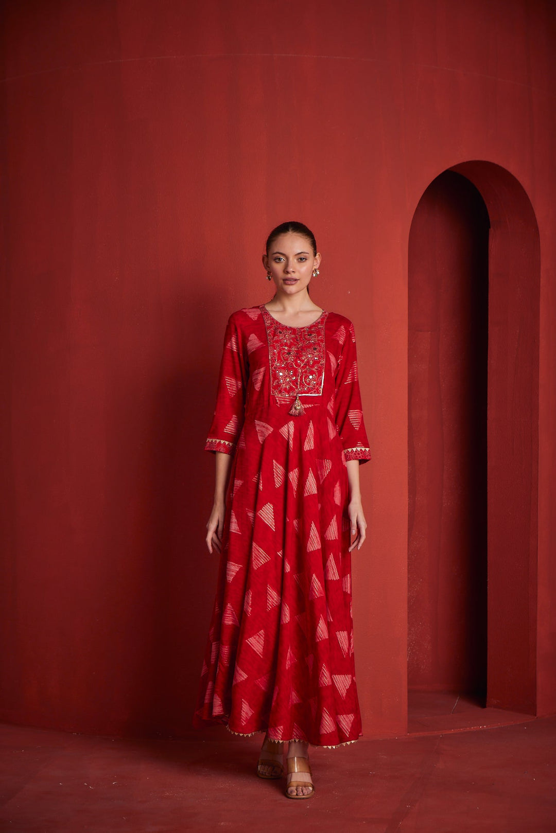 Neerus Red Rayon Dress - front view