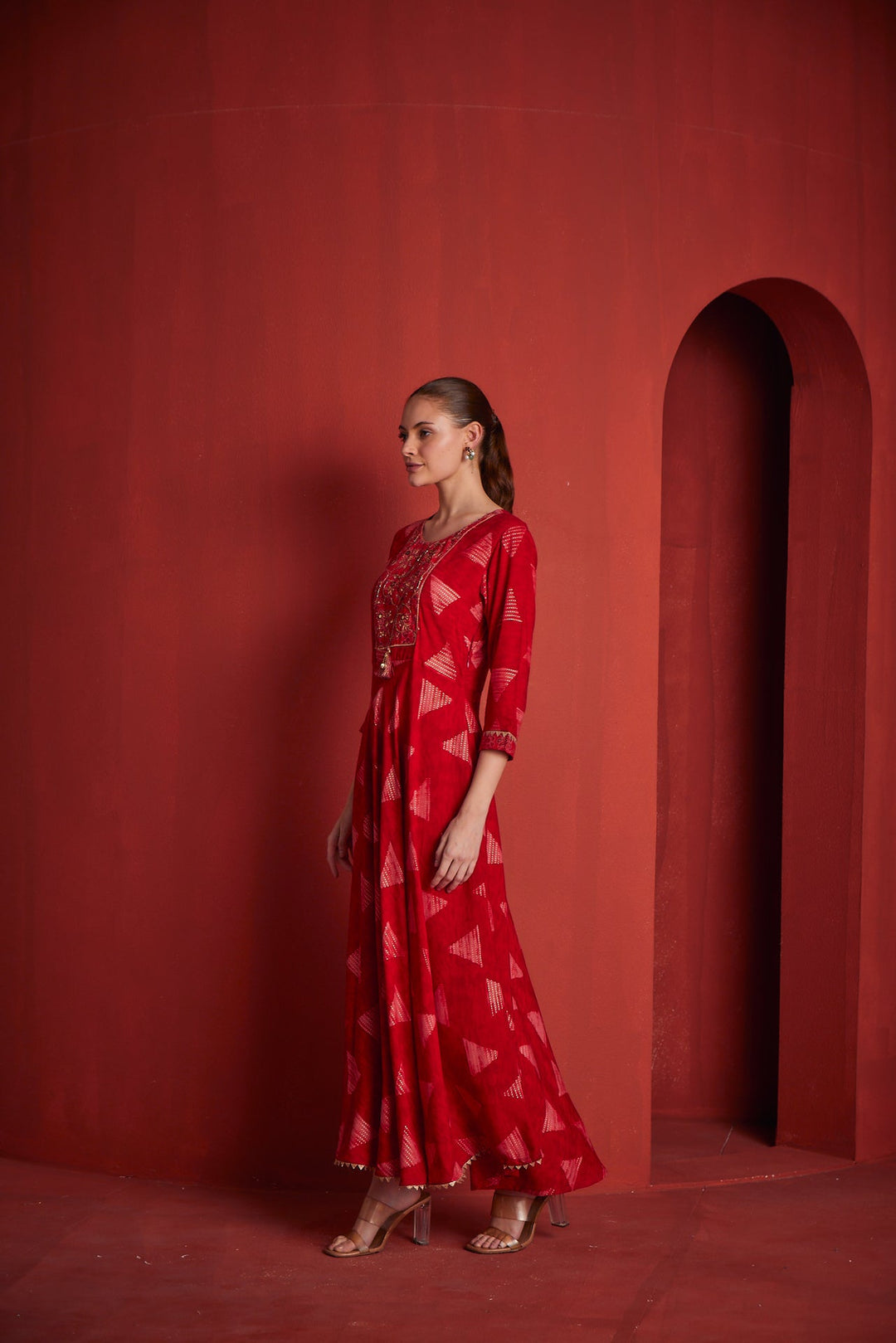 Neerus Red rayon printed gown - back view