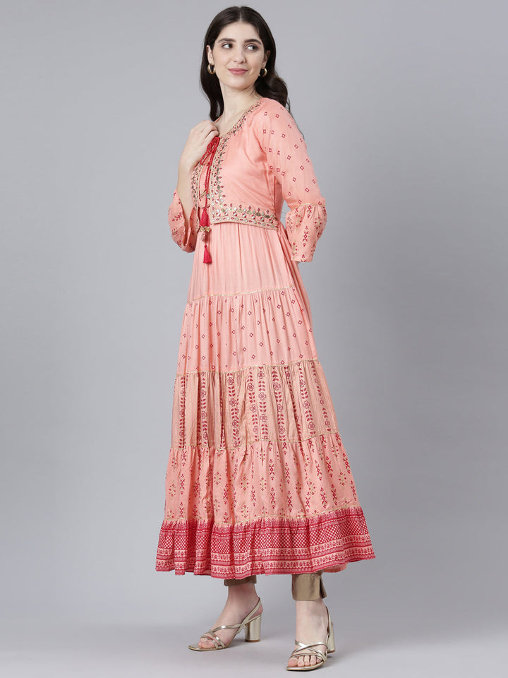 Neerus Peach Straight Casual Printed Dress