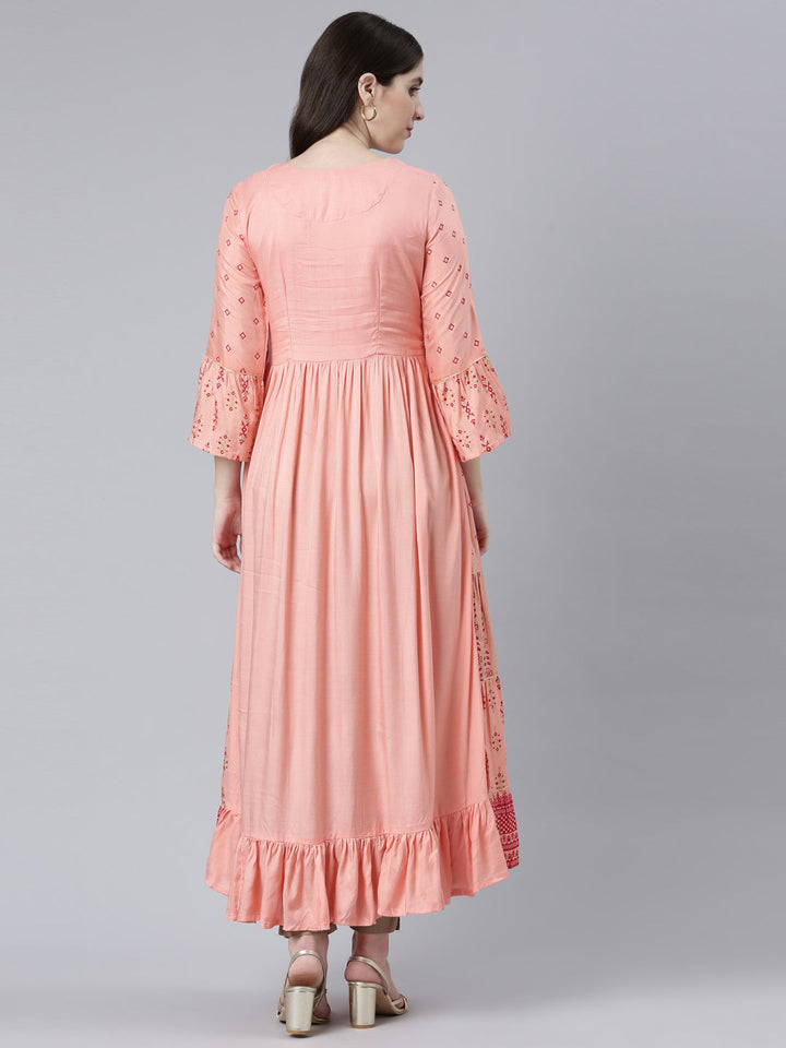 Neerus Peach Straight Casual Printed Dress