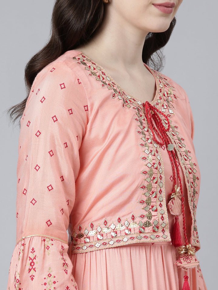 Neerus Peach Straight Casual Printed Dress