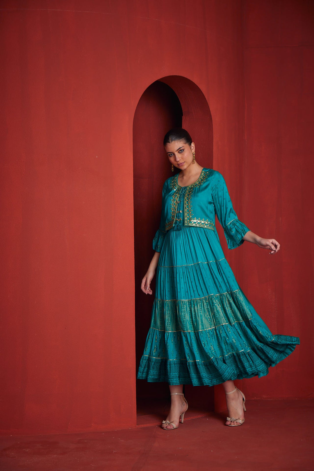Neerus Green shantoon flared gown - front view