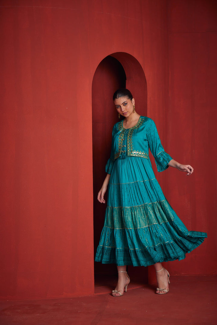 Neerus Green shantoon flared gown - front view