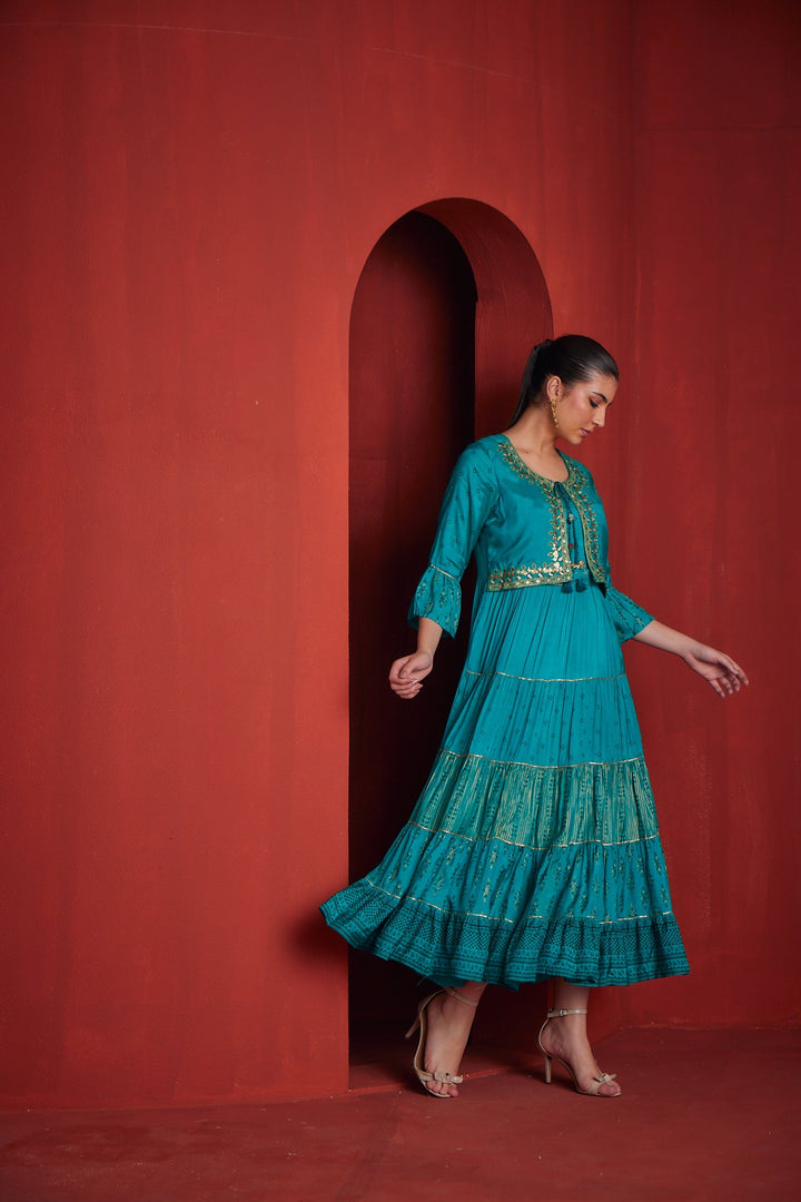 Neerus Green shantoon flared gown - side view