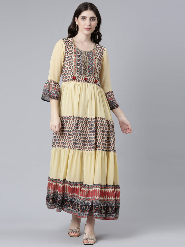 Neerus Cream Straight Casual Printed Dress