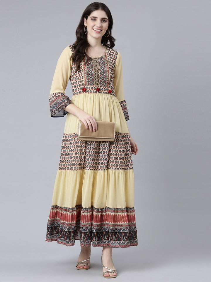 Neerus Cream Straight Casual Printed Dress